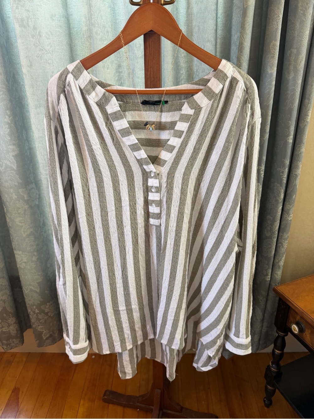 Women’s Striped Button Henley Shirt - White and Olive